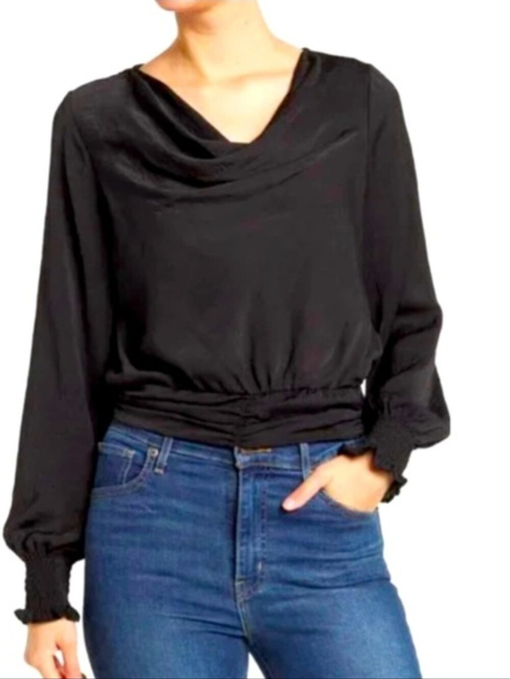 Astr the Label Black Cowl-Neck Long Sleeve Blouse Smocked Wrist Womens Medium